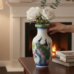 Elegant Harmony: A Timeless Japanese Vase Featuring Majestic Peacocks and Floral